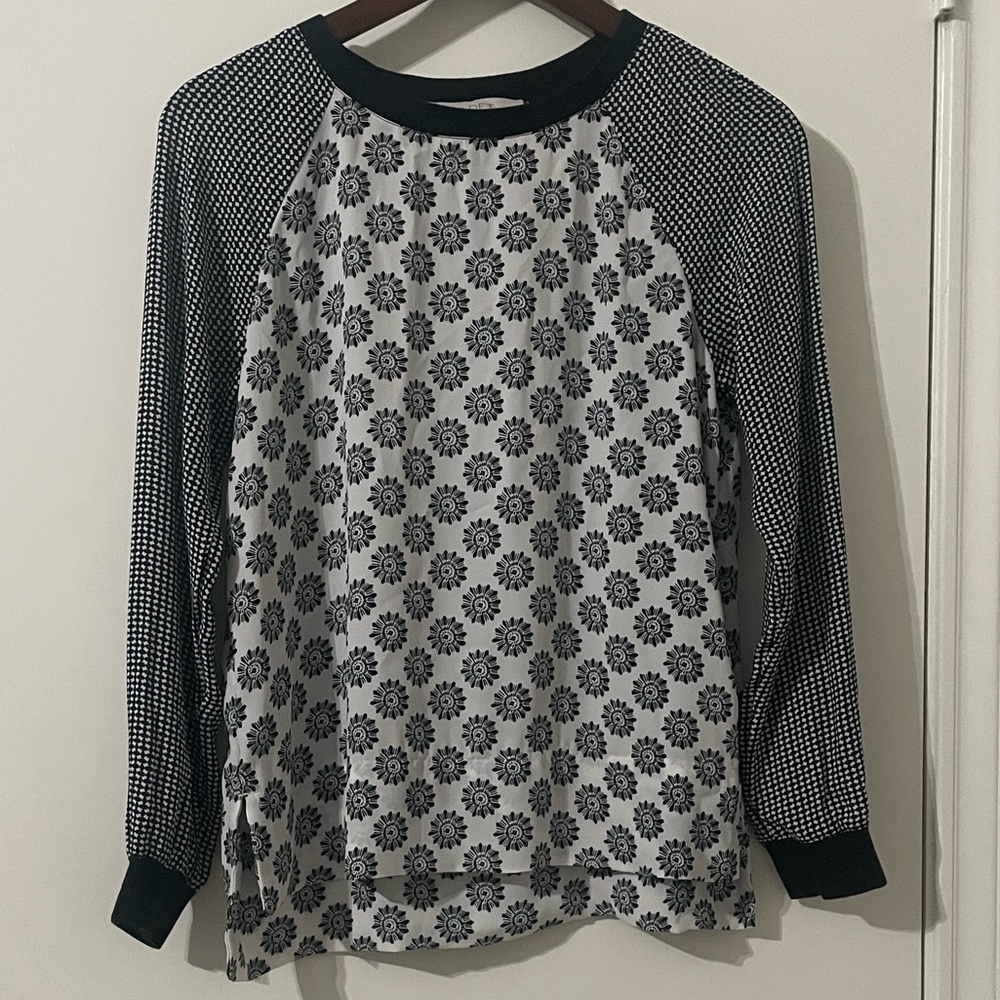 LOFT Mixed Print Raglan Long Sleeve Blouse - Black & White Floral / Geometric XS